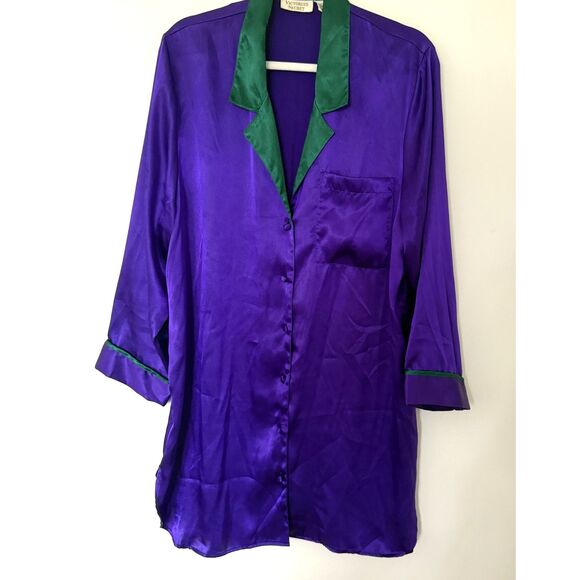 VTG Victorias Secret Gold Label Satin Purple Green Sleep Shirt Pajama Sz L - Picture 1 of 7